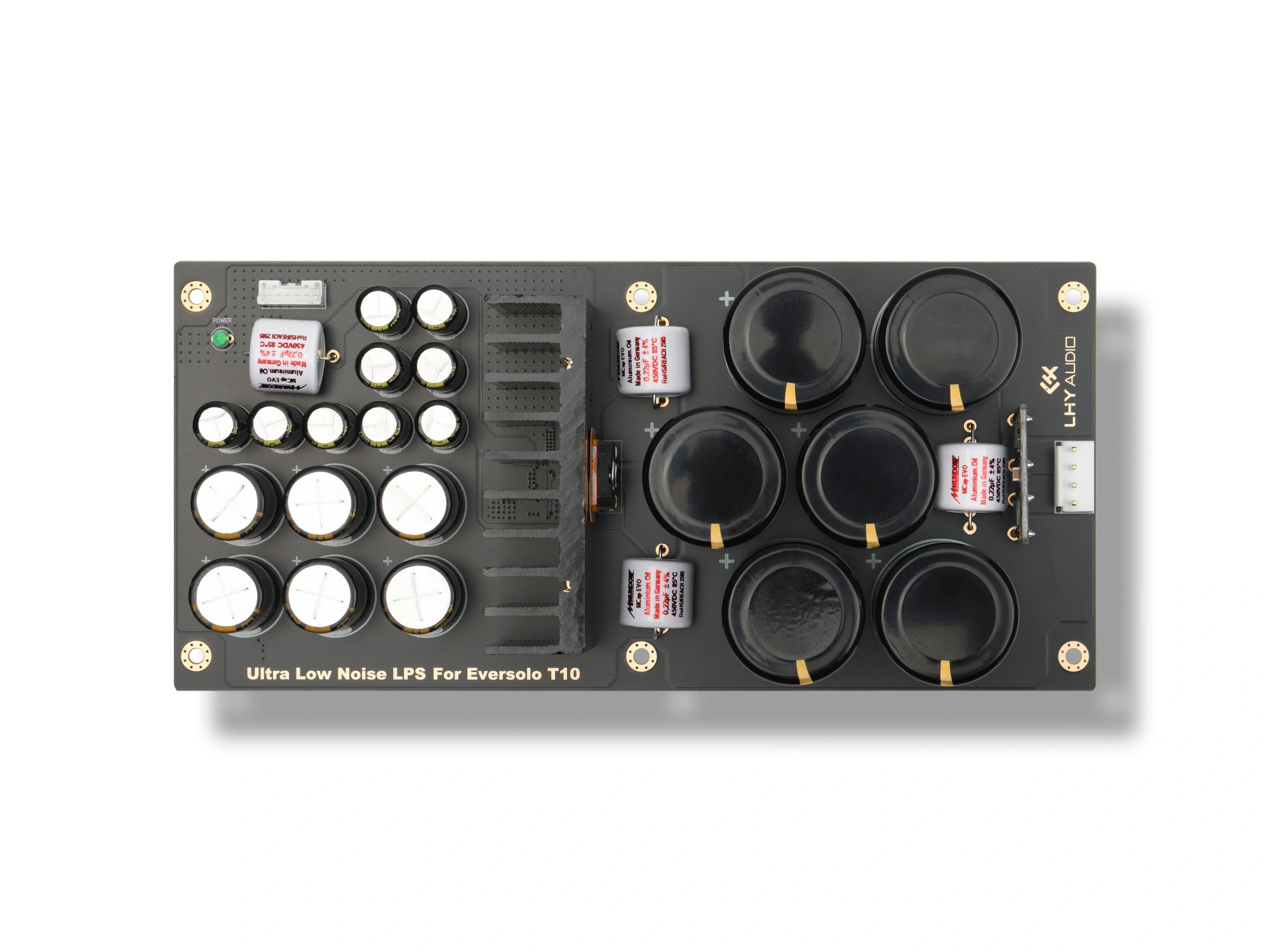 Mundorf Version DC board, top view: six MLytic AG and four MCap EVO Aluminium.Oil capacitors